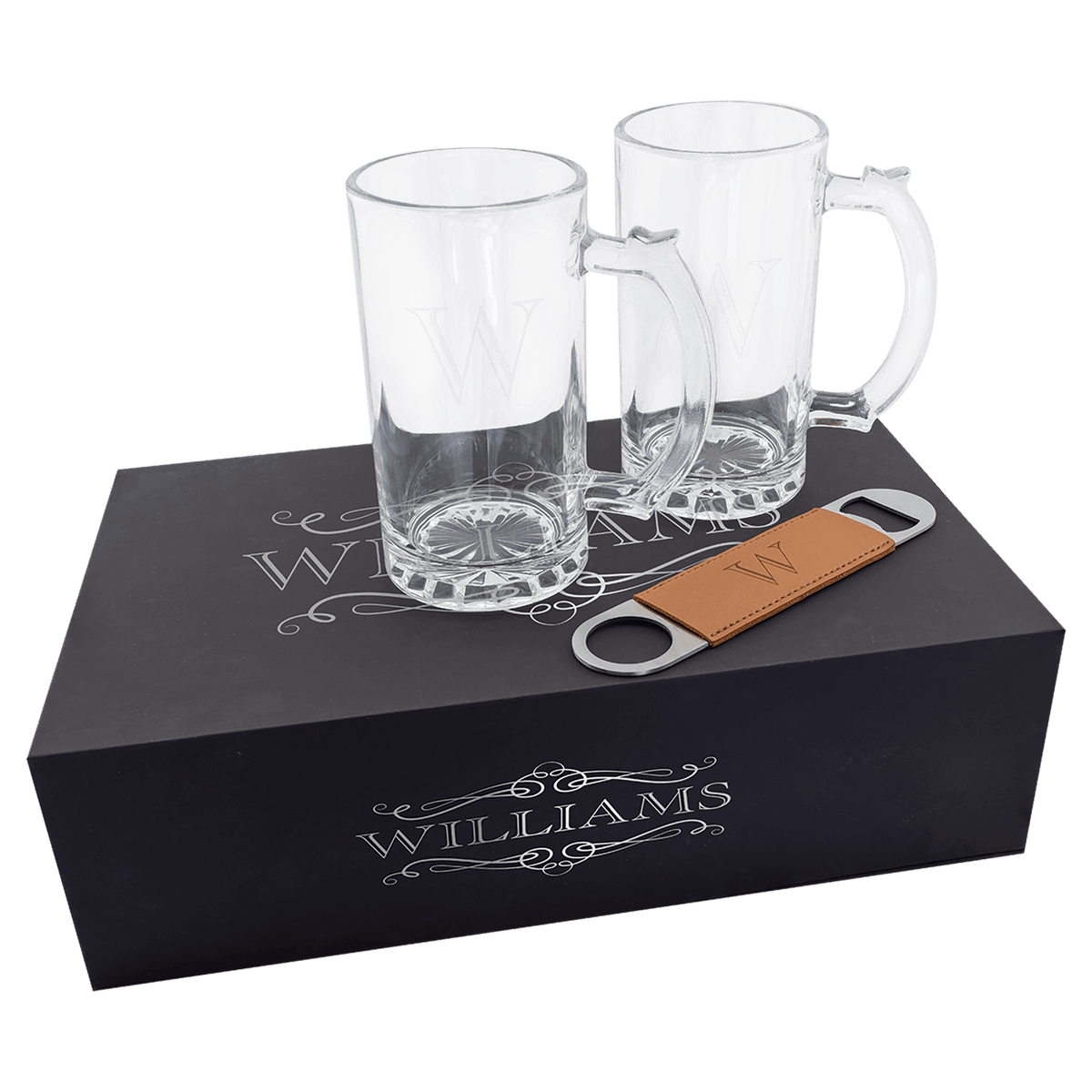 Lazerburst Beer Set with Two 14 oz. Mugs and One Rawhide Laserable Leatherette Bottle Opener