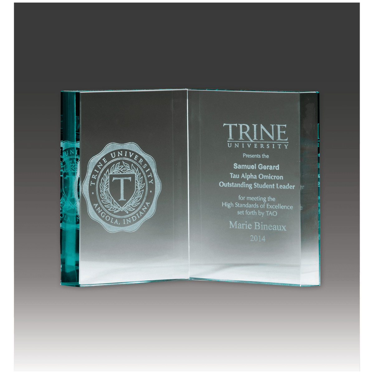 7 7/8" x 5 7/8" Jade Glass Book Award