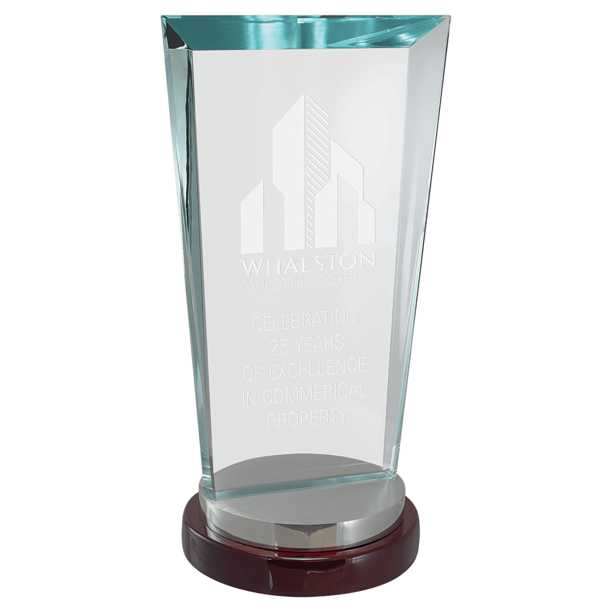 Premium Series Clear Glass Award with Rosewood and Aluminum    Base