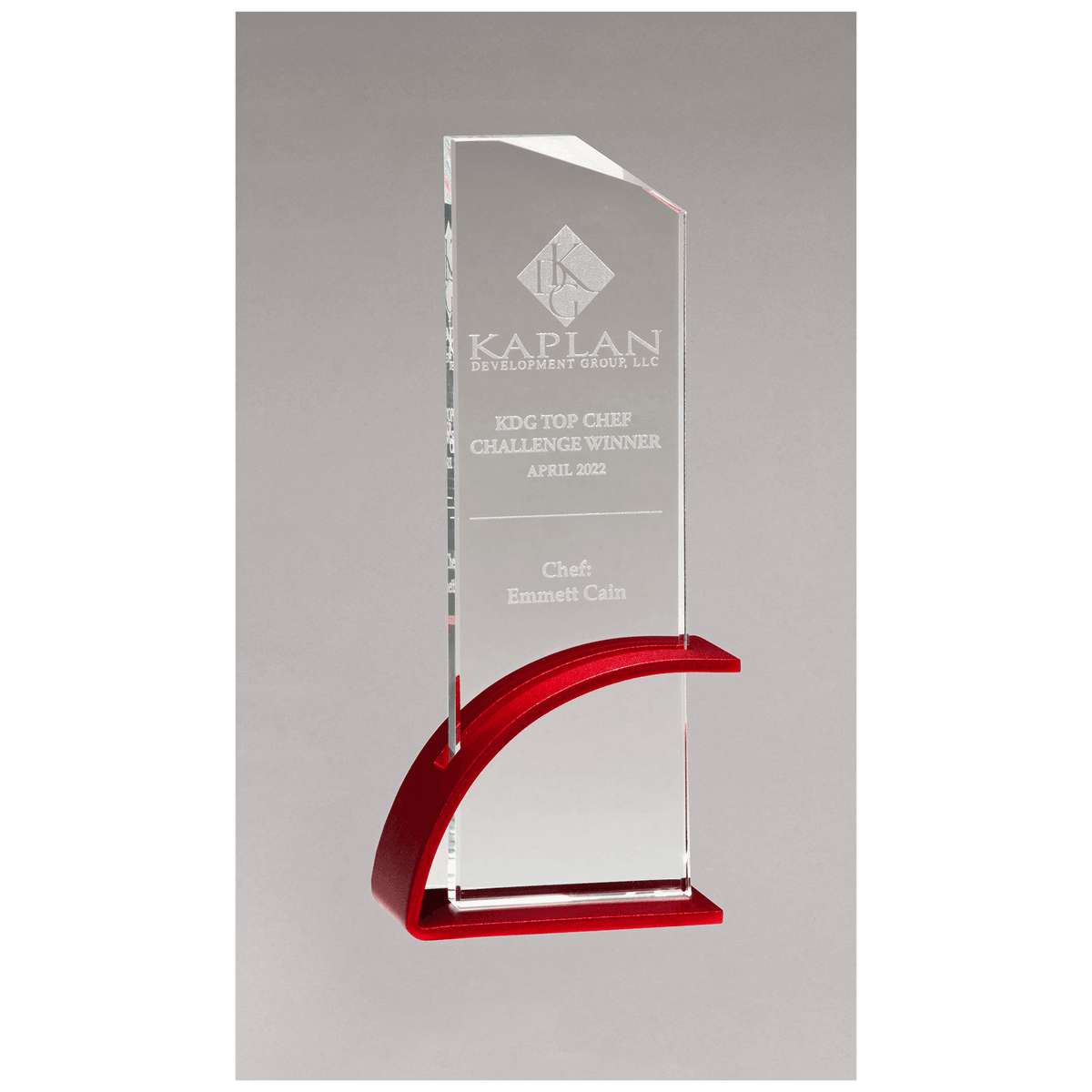 Thick Red Contemporary Clear Glass Award, Arched Base with Matte Metallic Finish