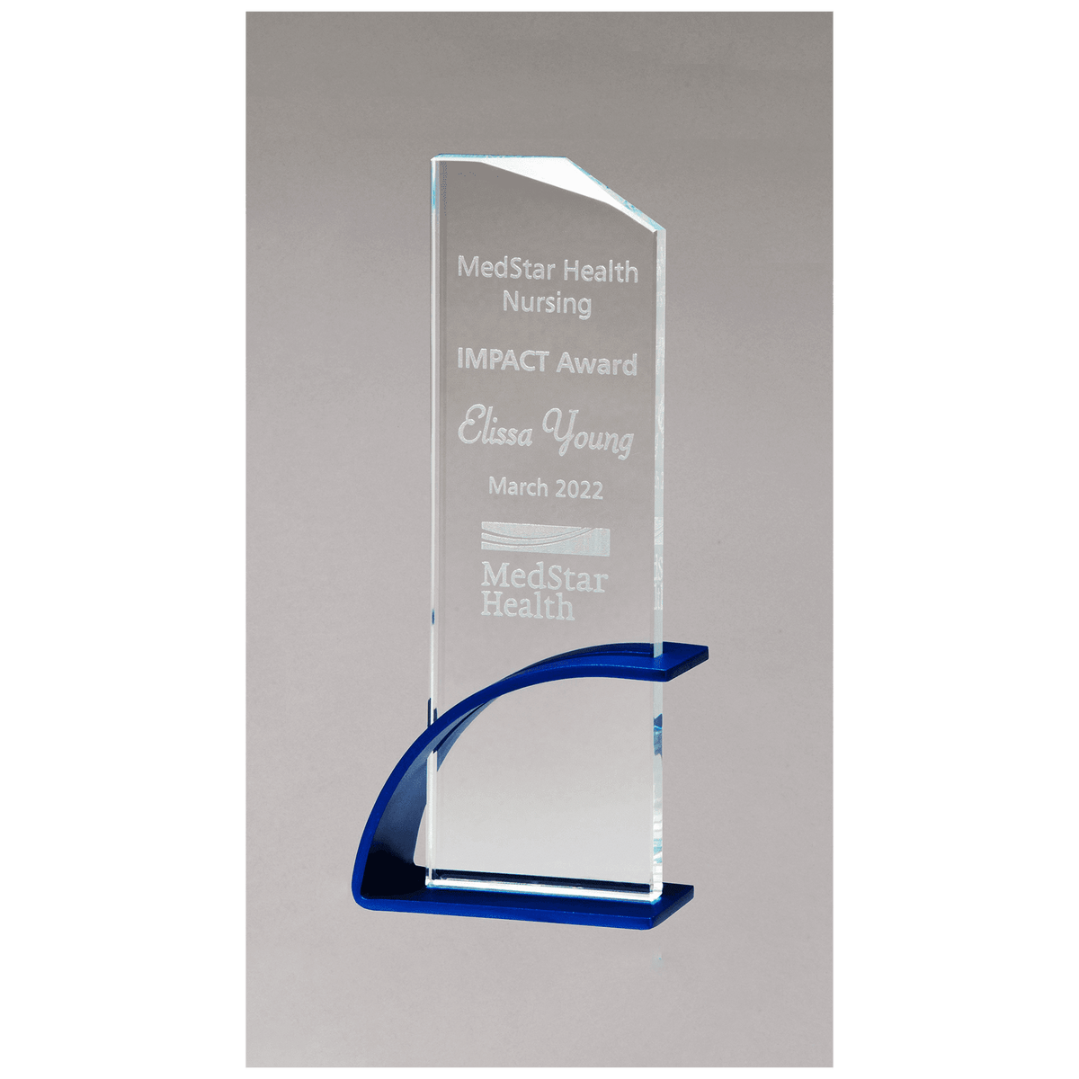 Thick Blue Contemporary Clear Glass Award, Arched Base with Matte Metallic Finish