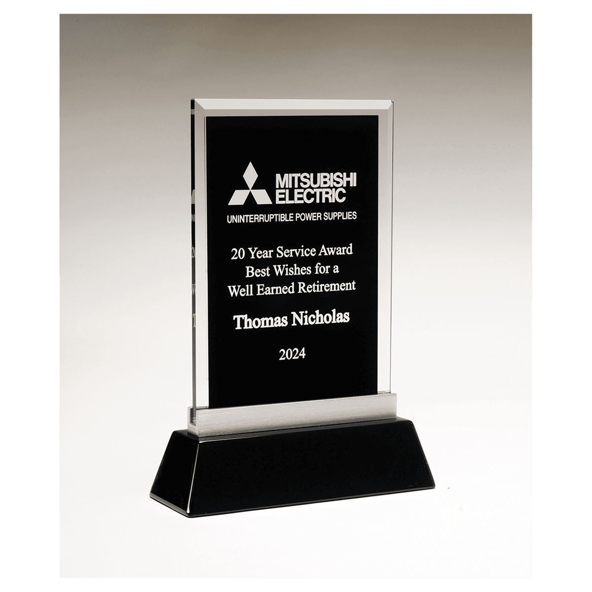 Rectangular Black Silkscreened Glass Award with Black Piano Finish Base