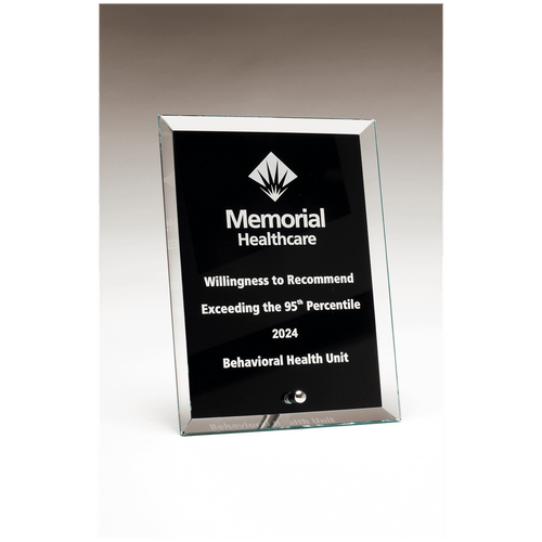 Clear Glass Plaque with Painted Black Background, Silv             er Plated Easel Post