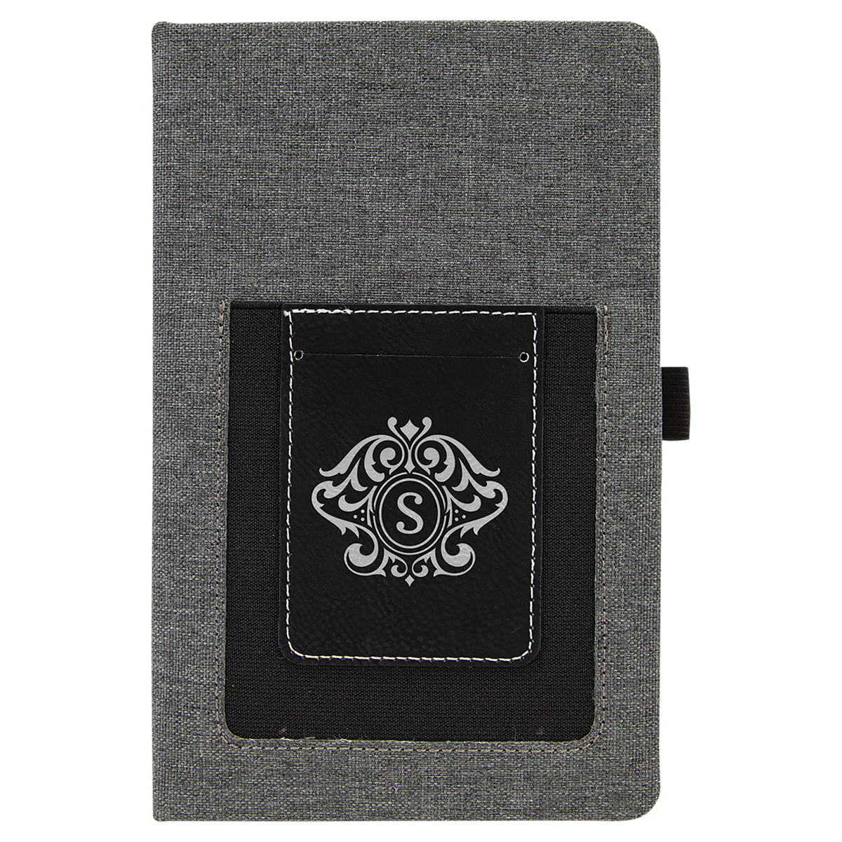 5 1/4" x 8 1/4" Gray w/Black Laserable Leatherette Journal with Cell/Card Slot