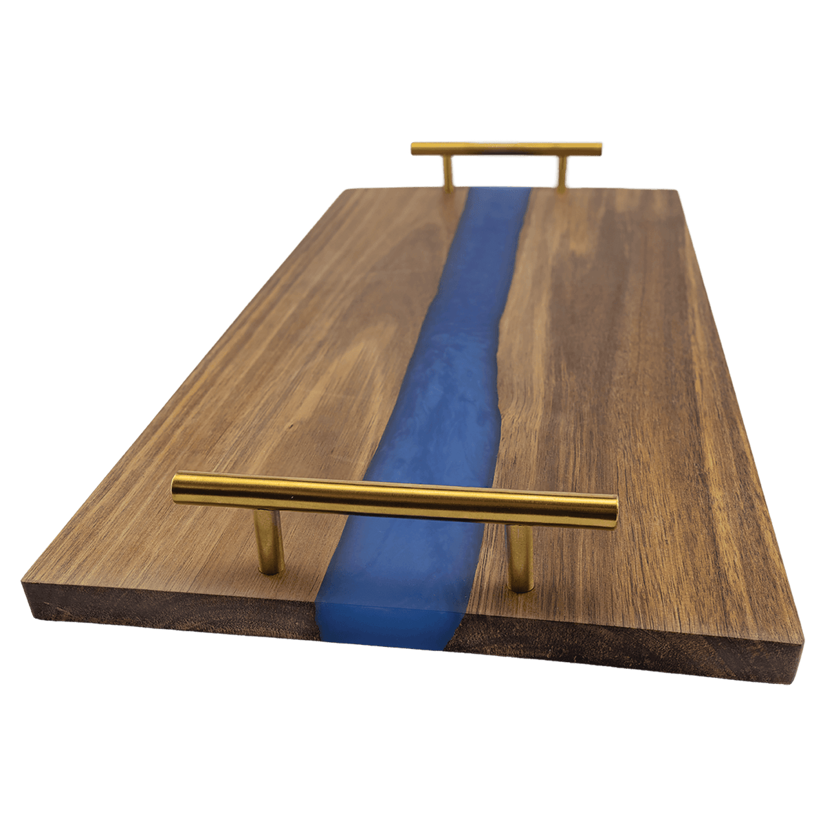 18" x 9" Acacia Serving Tray with Blue Pearl Resin and Gold Handles