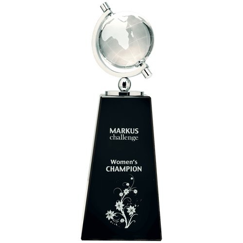 Spinning Crystal Globe on Black Pedestal