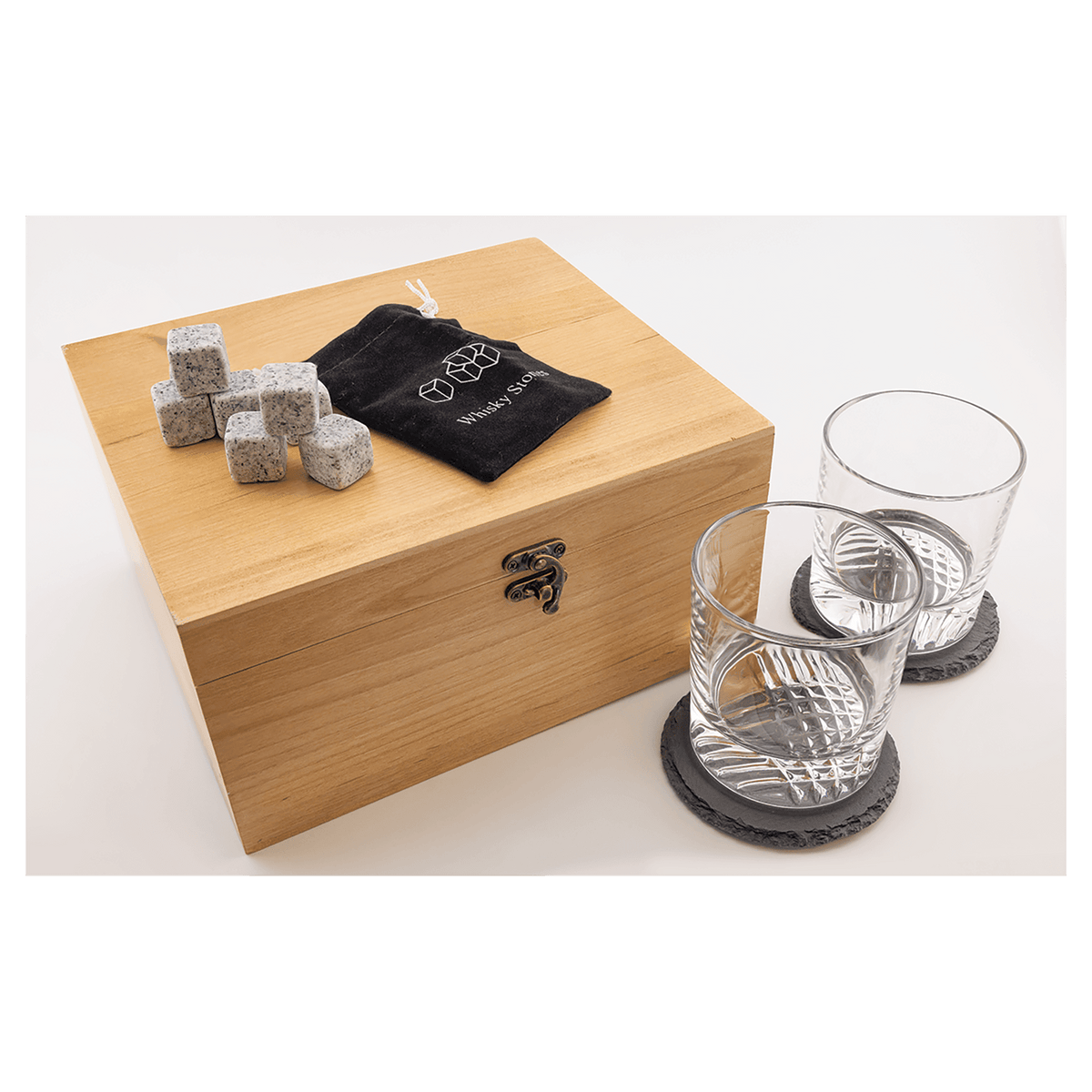 Red Alder Whiskey Set with Two 9 oz. Glasses, Two 4" Slate Coasters, and Eight Granite Whiskey Stones with Black Velvet Bag
