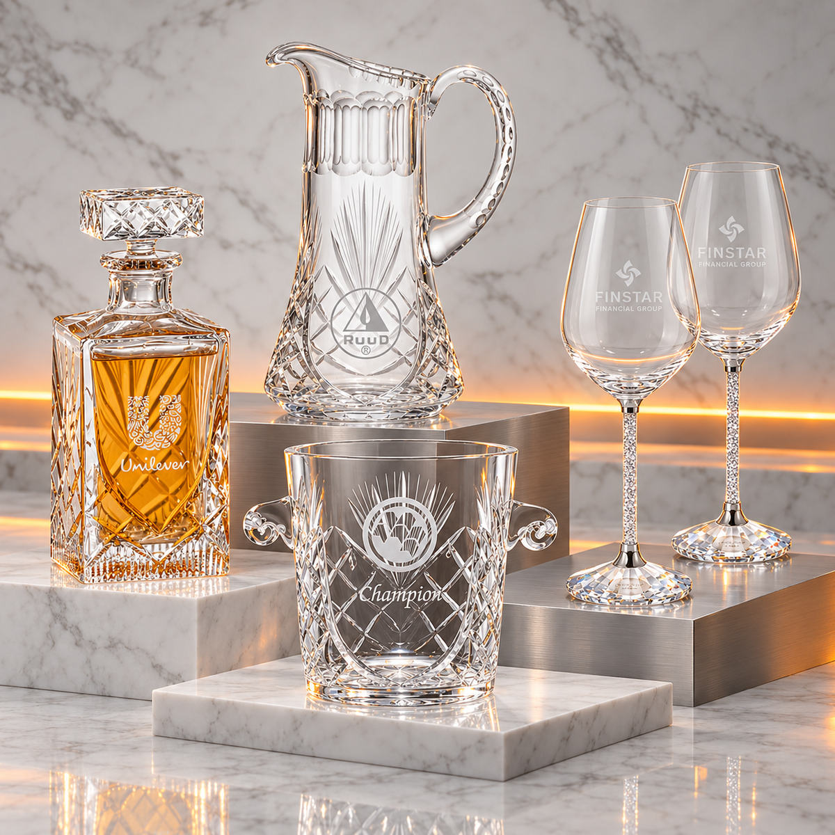 Cavanaugh decanter, pitcher and ice bucket with Swarovski wine glasses staged on white marble and brushed silver with orange lighting.