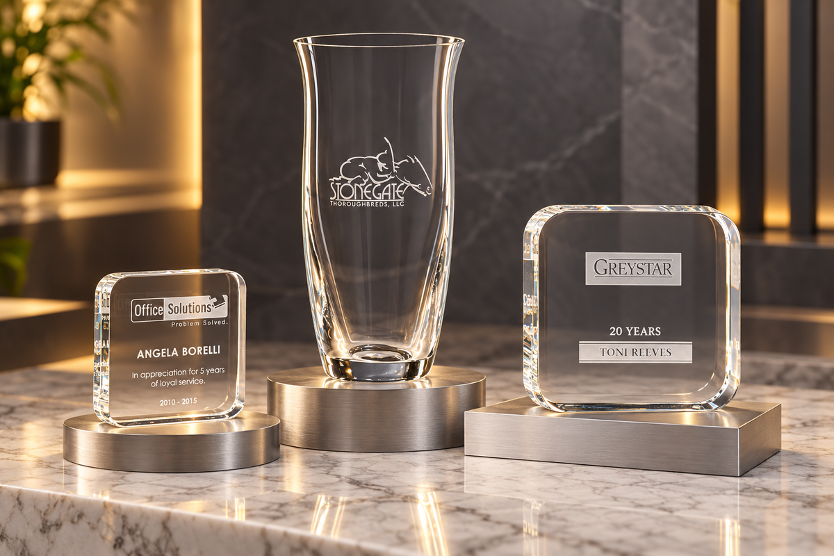 Engraved Adrianna Vase, App Paperweight and App Award displayed to their relative catalog dimensions