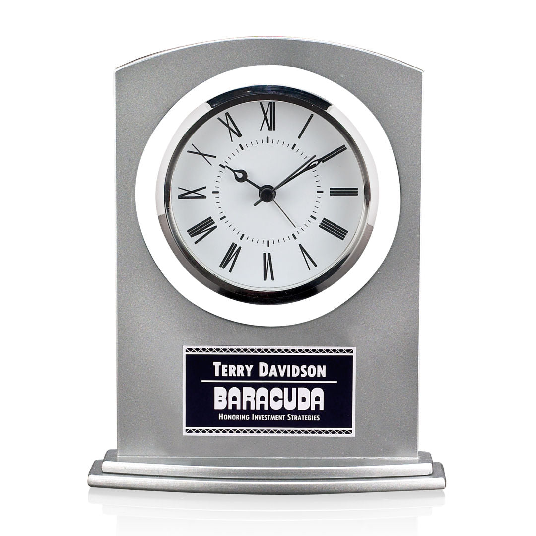 Tuxedo Clock — Silver and Chrome, Laser Engraved