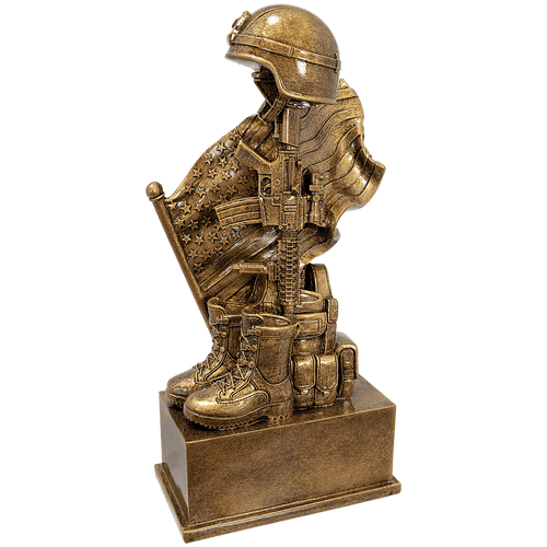 8 3/4" Antique Gold Military Resin Helmet on Rifle with Flag and Boot