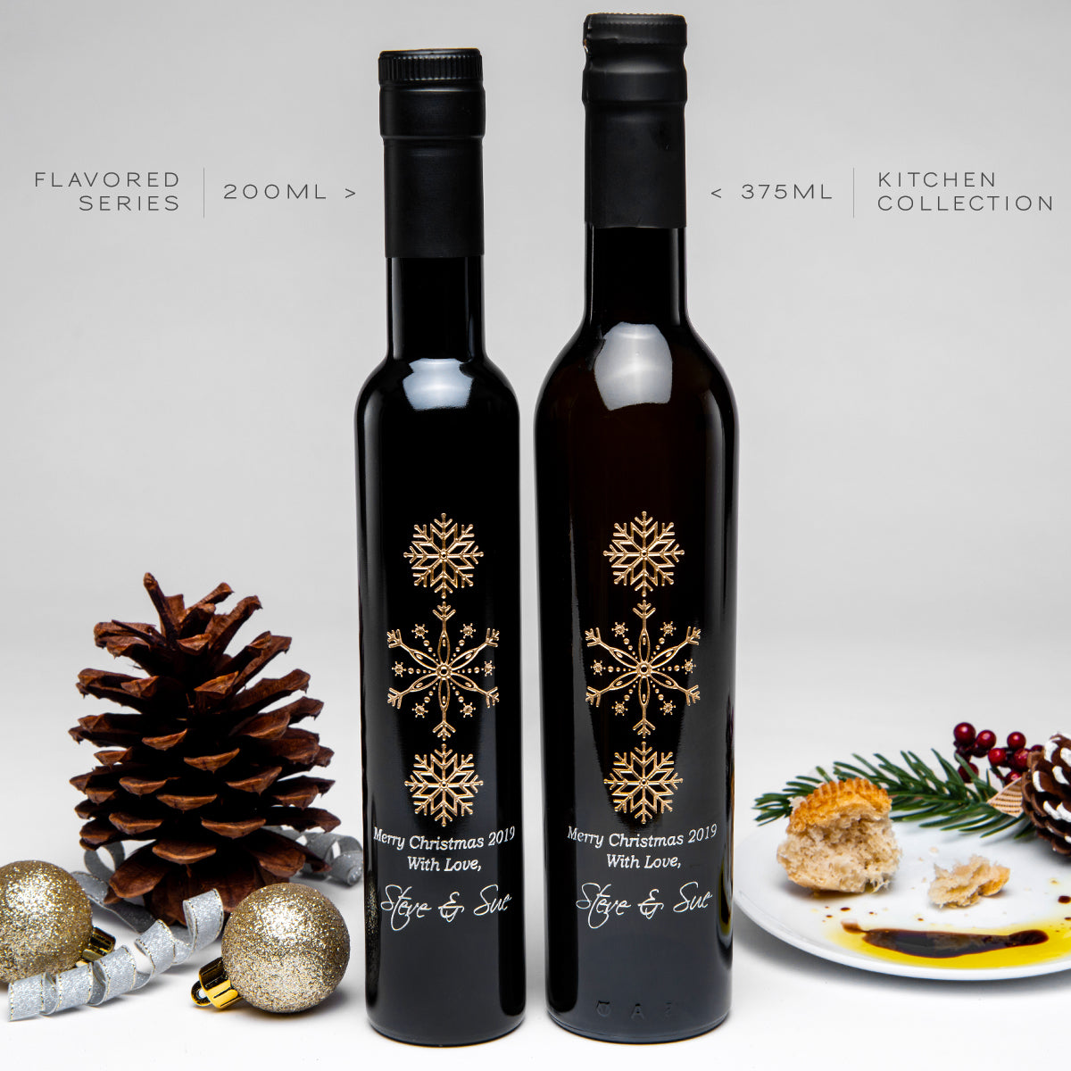 Engraved oil and vinegar bottle options — example sizes and flavors