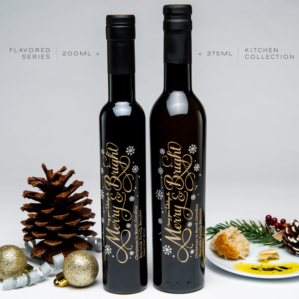 Engraved oil and vinegar bottle options — example sizes and flavors