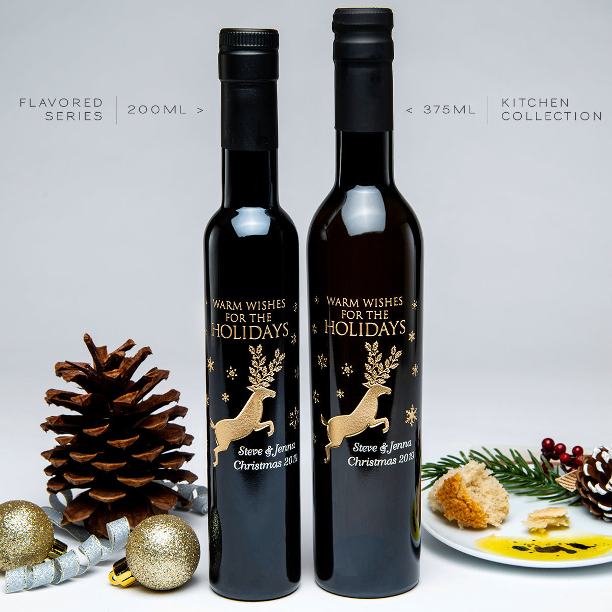 Engraved oil and vinegar bottle options — example sizes and flavors