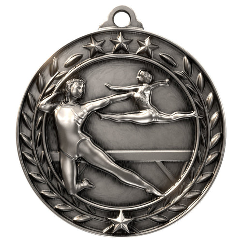 1 3/4'' Antique Silver Female Gymnastics Wreath Medallion